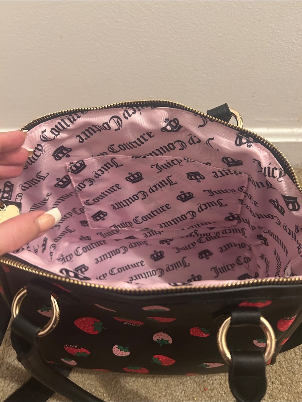Juicy Couture Black Strawberry Print Satchel with Strawberry Charm - Picture 5 of 5